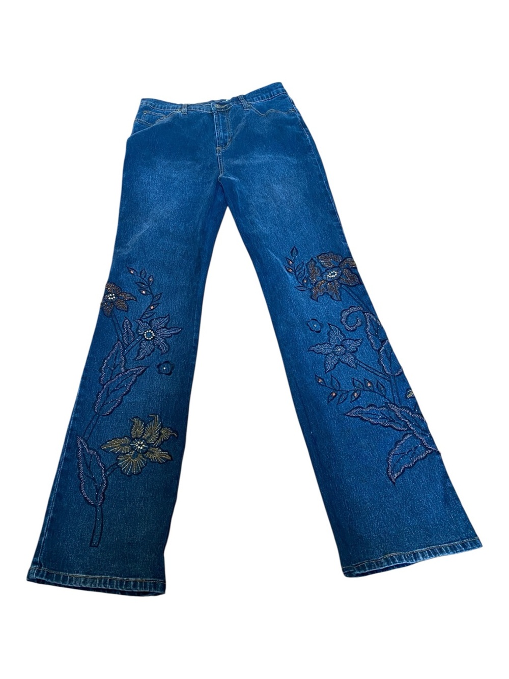 Diane Gilman Dark Blue Embroidered Flare Jeans